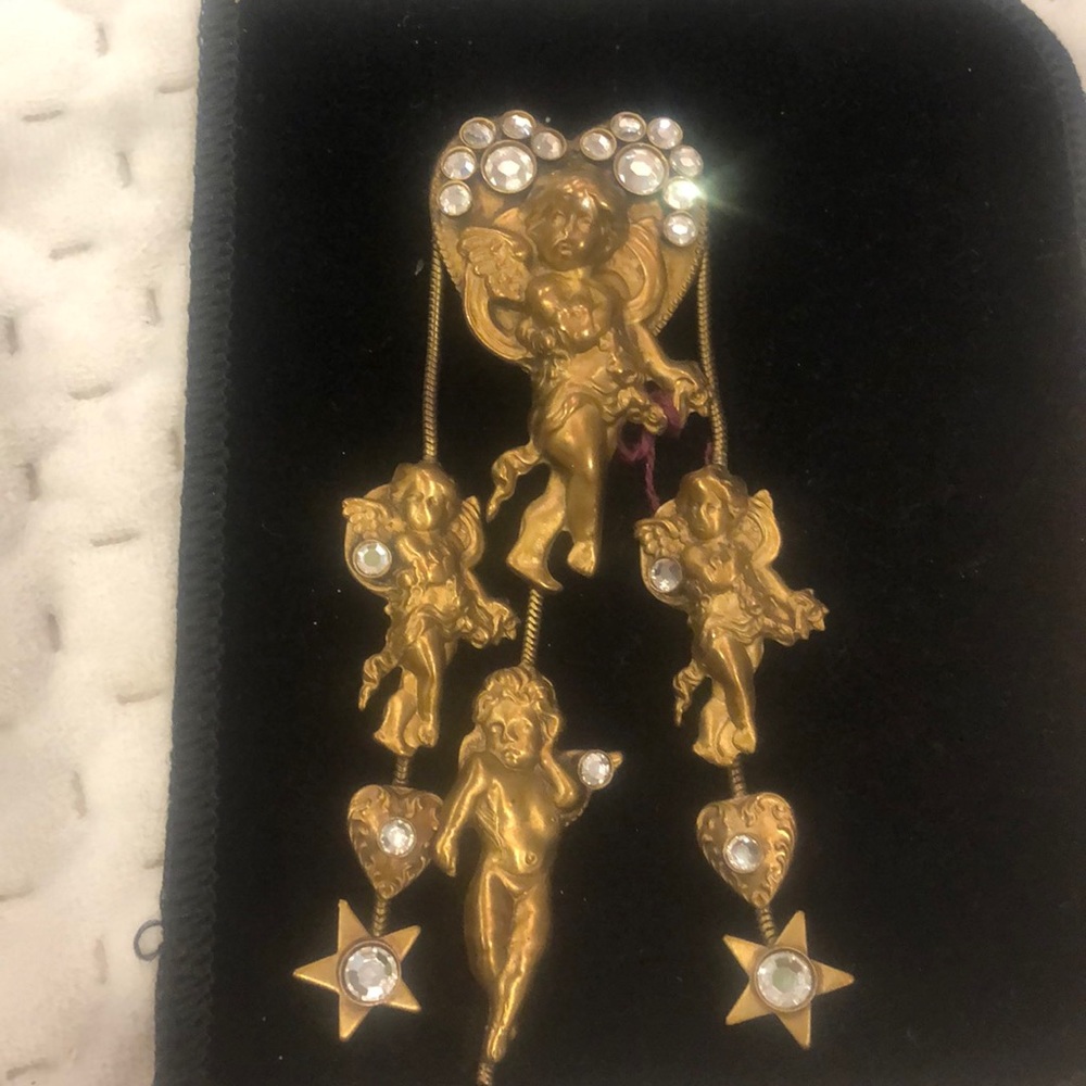 Vintage Antiqued Gold Cherubs & Stars Findings Brooch-NWT-Boutique
